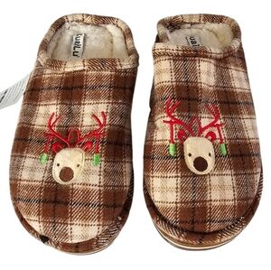 Brown Cream Plaid Christmas Reindeer Slippers Faux Shearling Lining men's 9.5